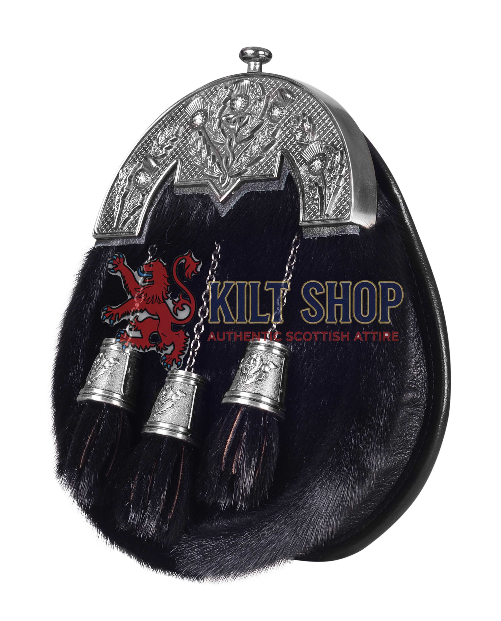 Nickel Brushed Thistle Black Seal Fur Full Dress Sporran