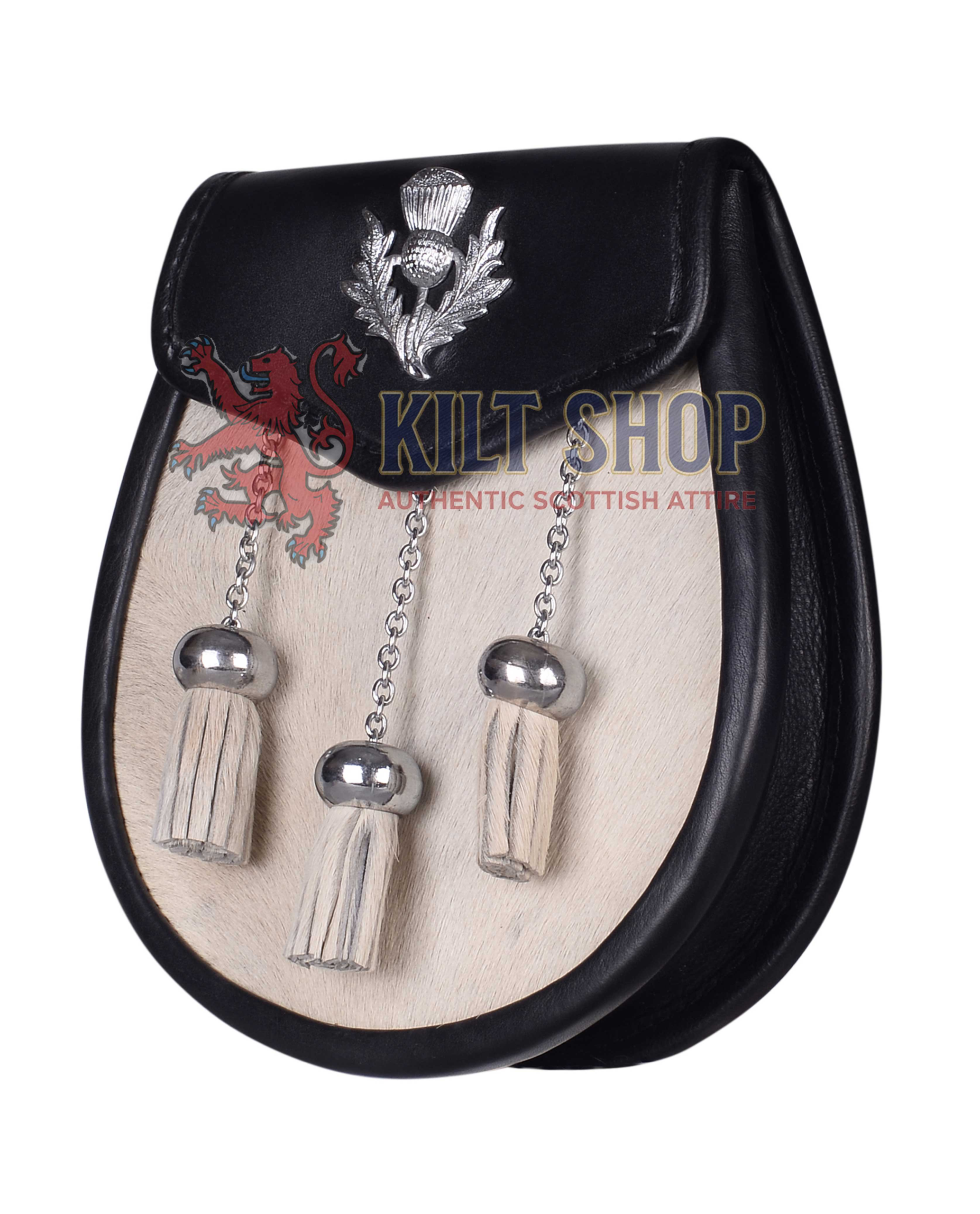 Thistle Emblem Black Leather White Fur Semi Dress Sporran