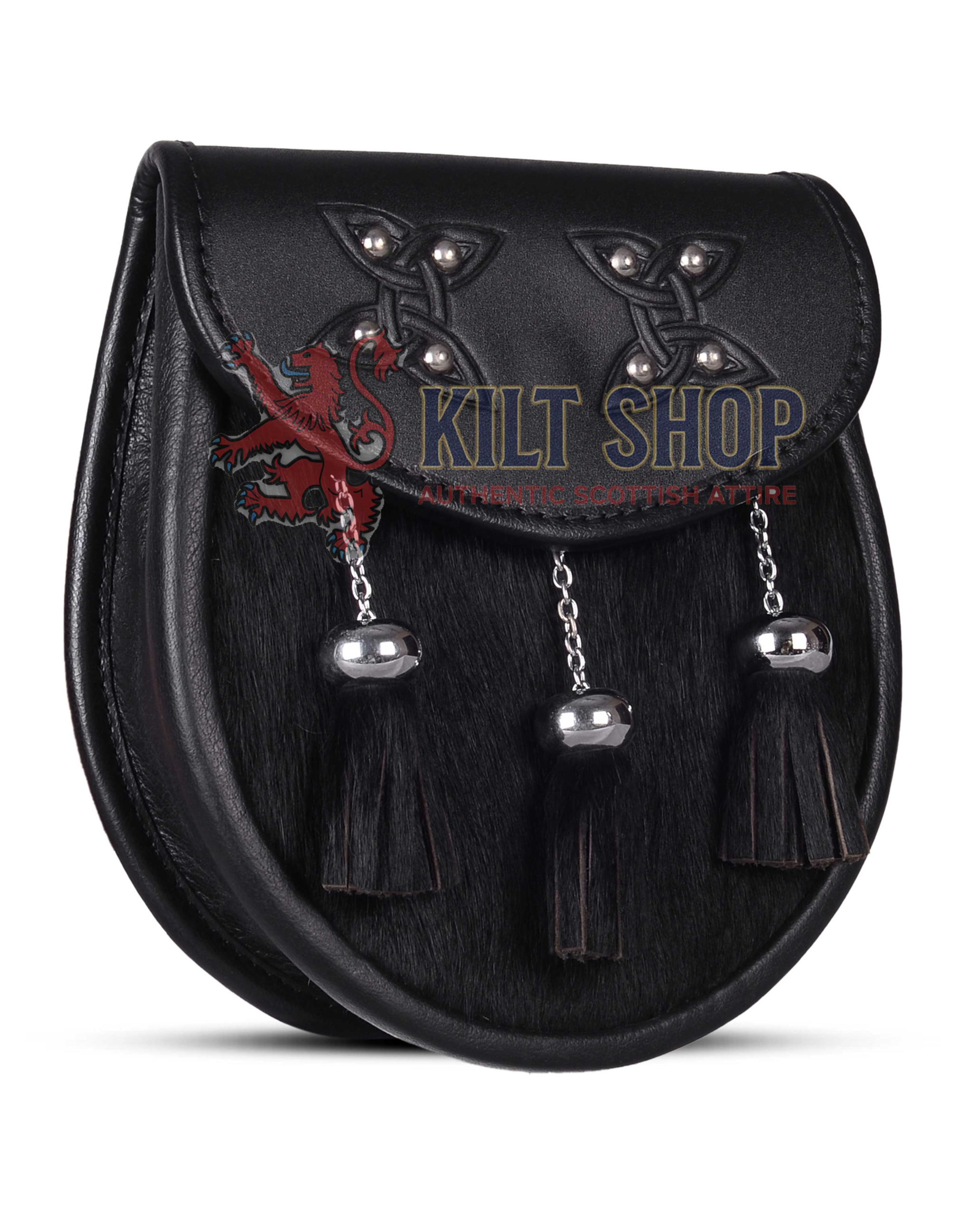 Two Celtic Knots Black leather Black Fur Semi Dress Sporran - Image 3