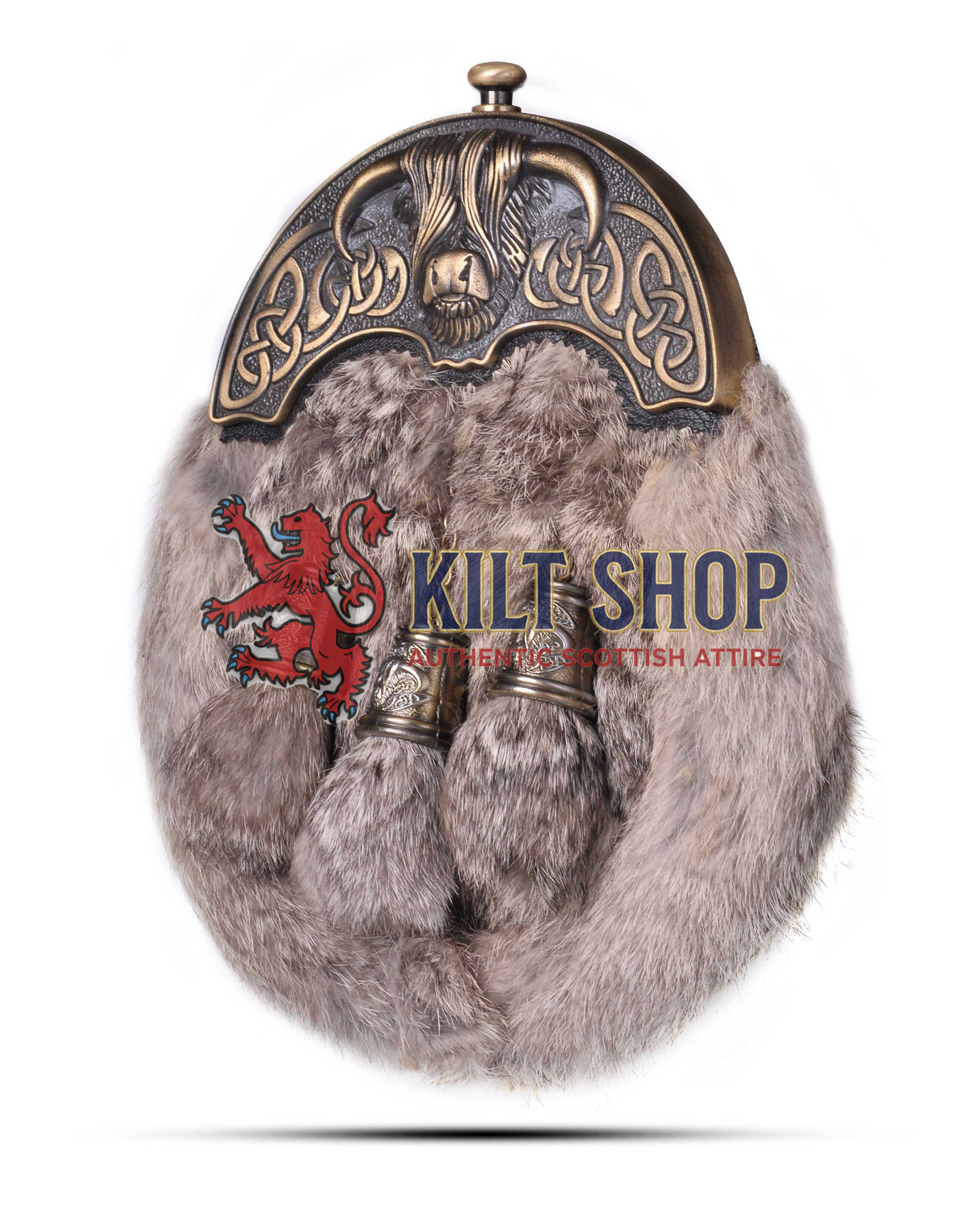 Brass Highland Cow Brown Rabbit Fur Full Dress Sporran - Image 2
