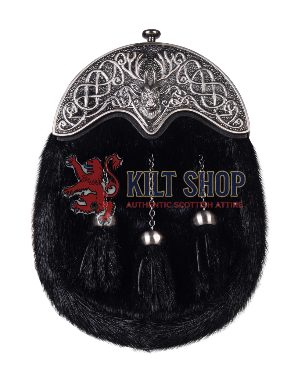 Nickle Brushed Stag Head Black Seal Fur Full Dress Sporran