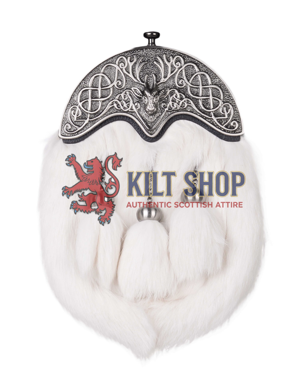 Nickle Brushed Stag Head White Rabbit Fur Full Dress Sporran