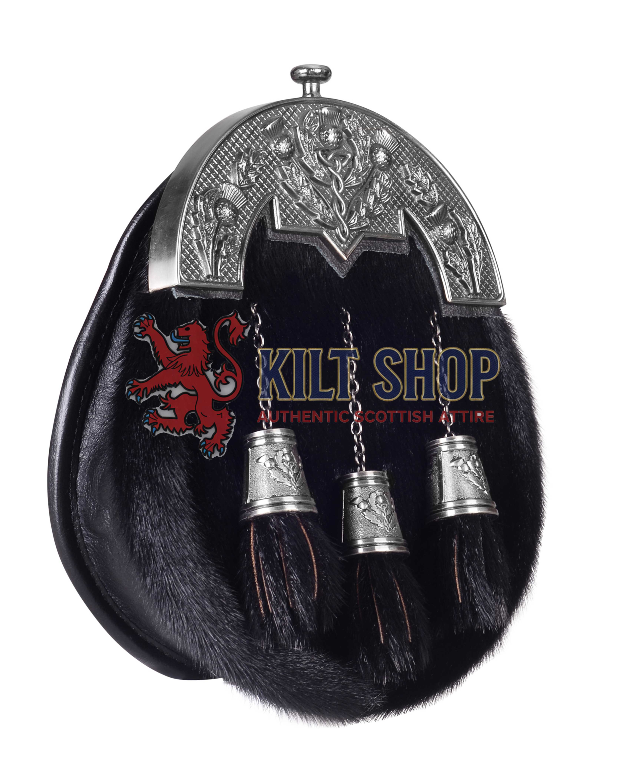 Nickel Brushed Thistle Black Seal Fur Full Dress Sporran