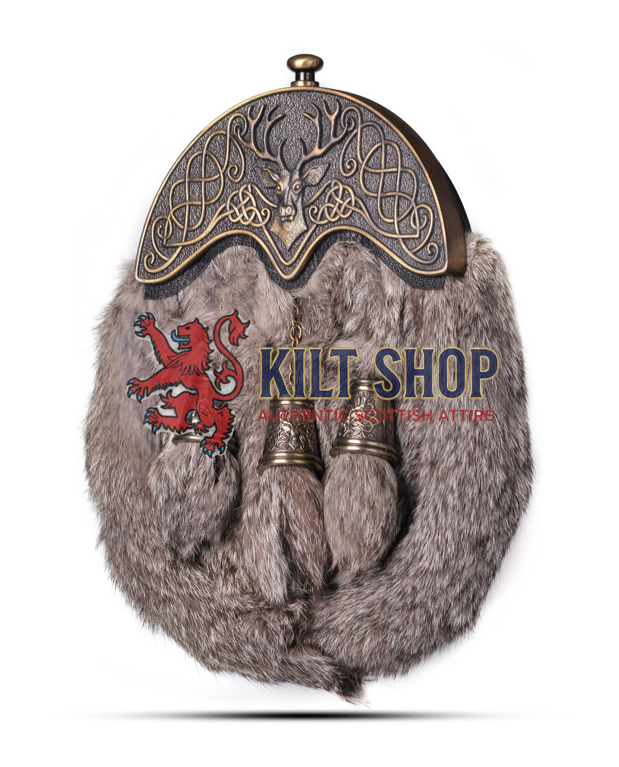Brass Stag Head Brown Rabbit Fur Full Dress Sporran
