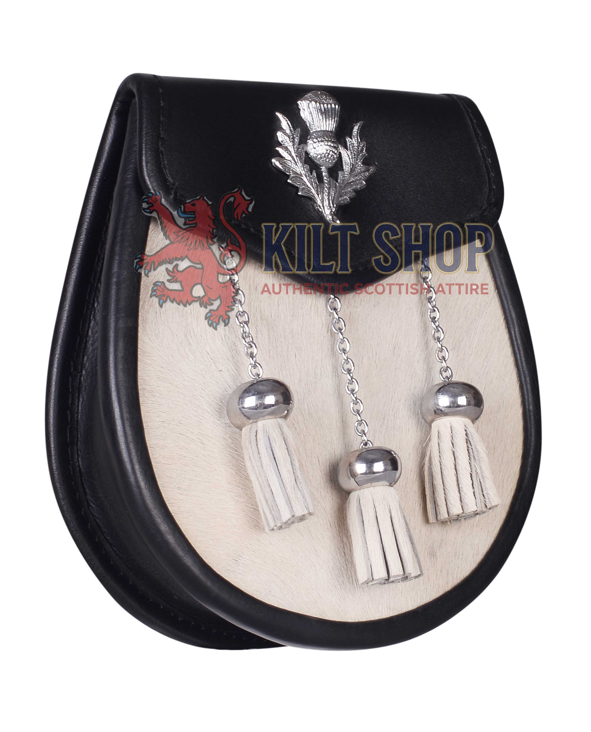 Thistle Emblem Black Leather White Fur Semi Dress Sporran