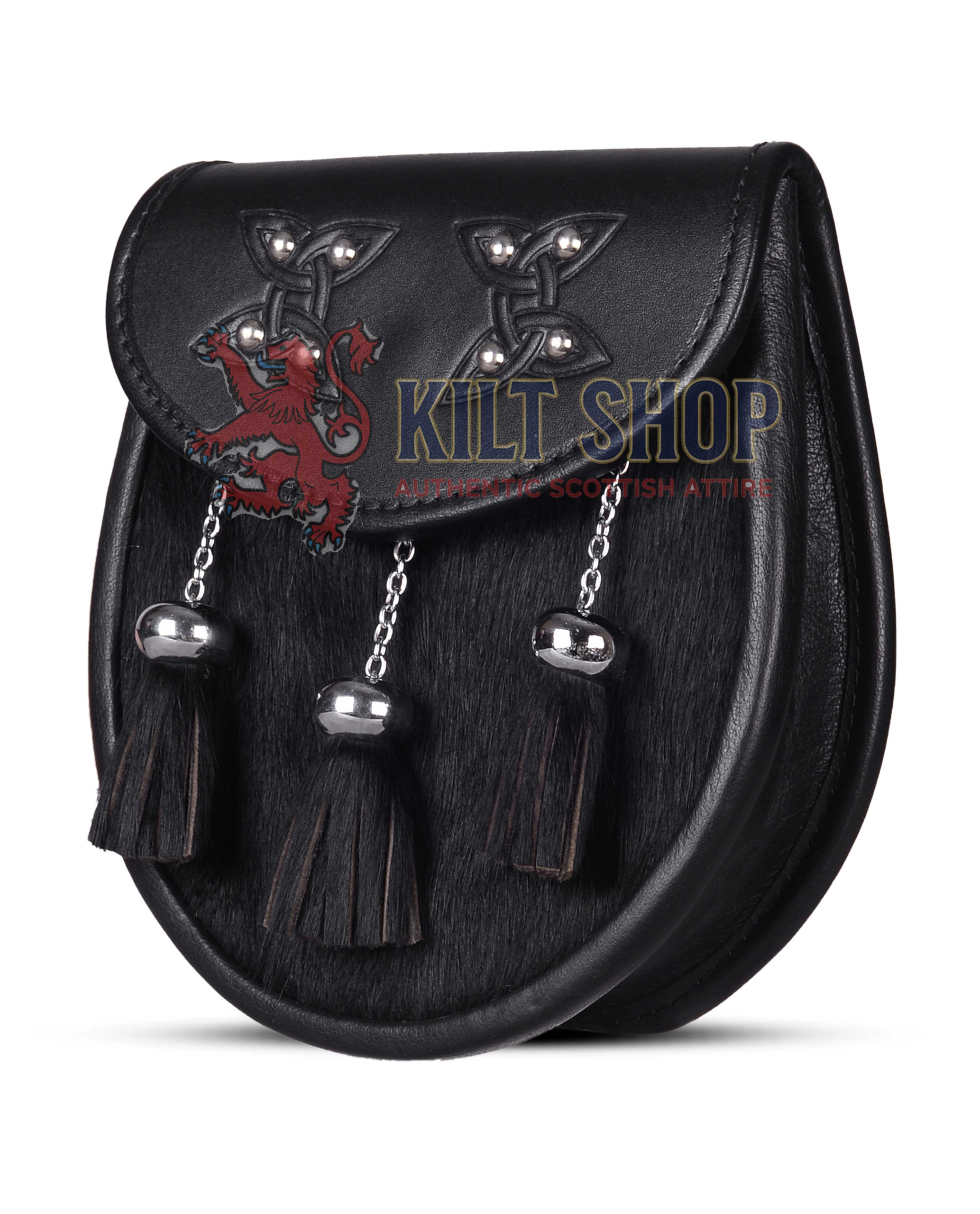 Two Celtic Knots Black leather Black Fur Semi Dress Sporran