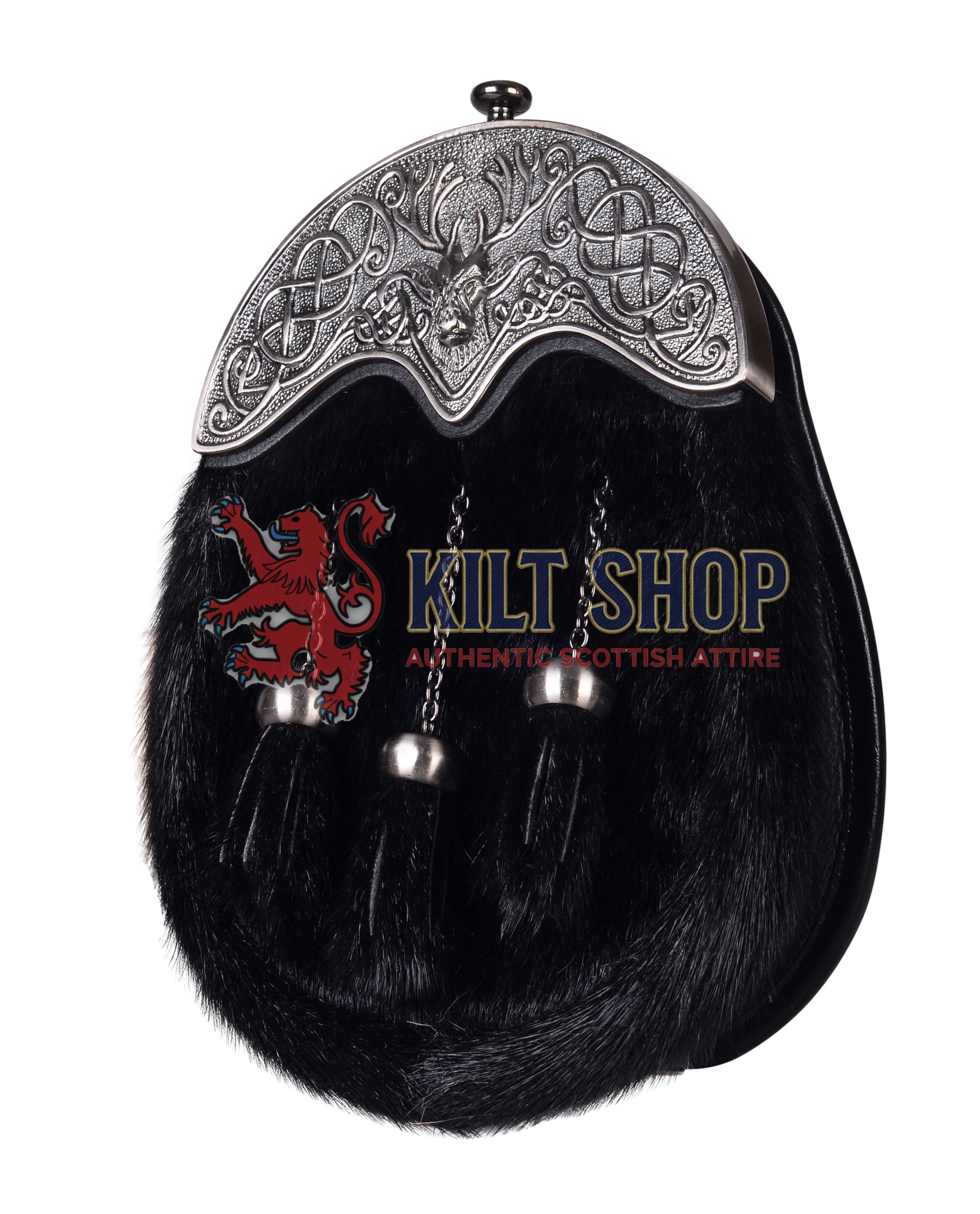 Nickle Brushed Stag Head Black Seal Fur Full Dress Sporran