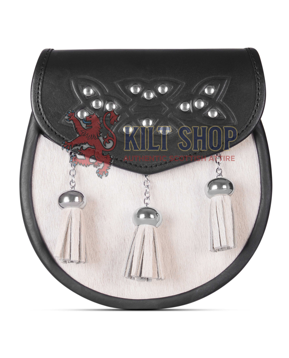 Single Celtic Embossed White Bovine Fur Semi Dress Sporran