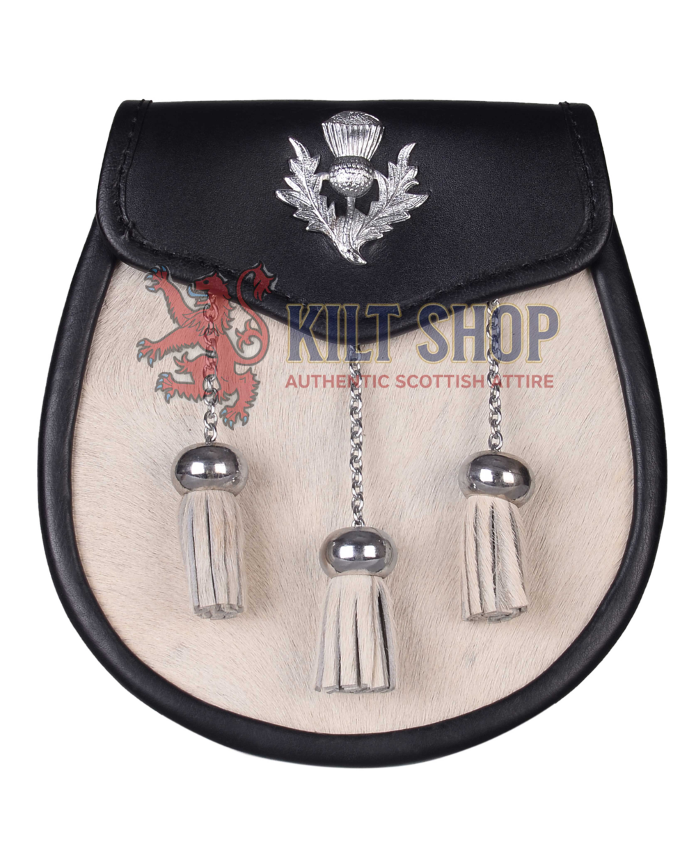 Thistle Emblem Black Leather White Fur Semi Dress Sporran