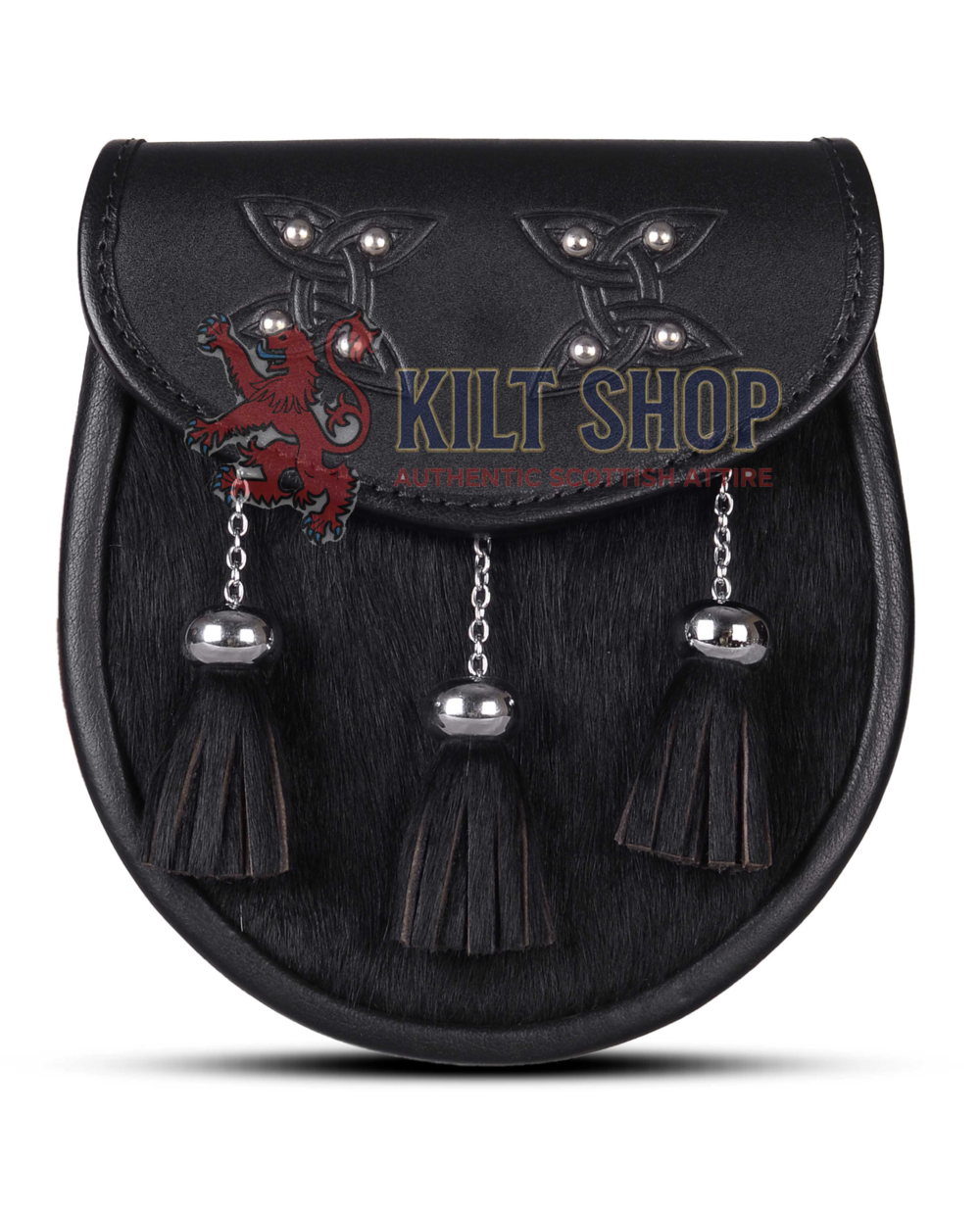 Two Celtic Knots Black leather Black Fur Semi Dress Sporran