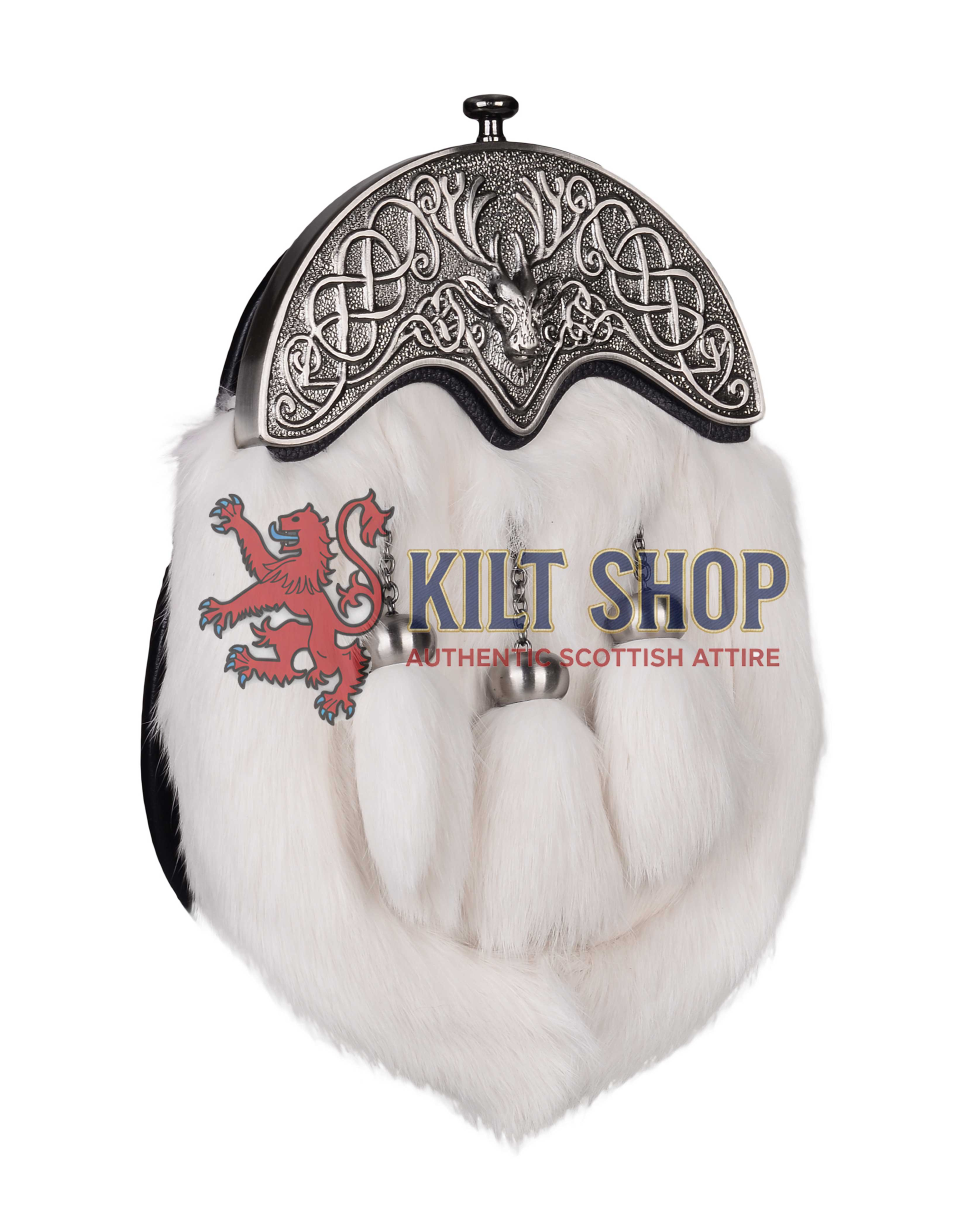 Nickle Brushed Stag Head White Rabbit Fur Full Dress Sporran - Image 2