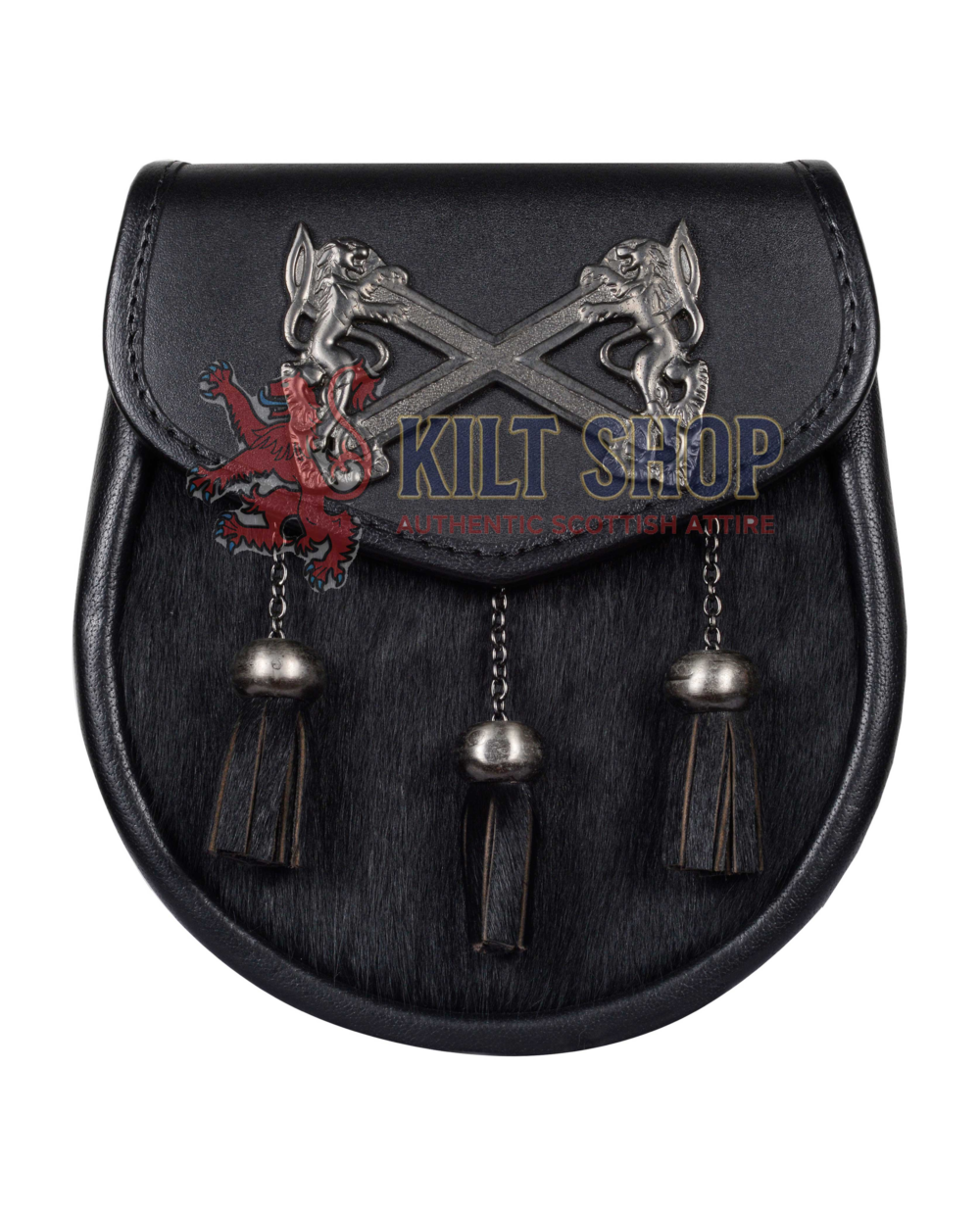 Cross Rampant Lion Emblem Black Leather Semi Dress Sporran