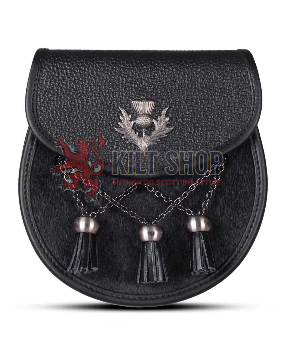Black Leather Bovine Fur Cross Tassels Semi Dress Sporran