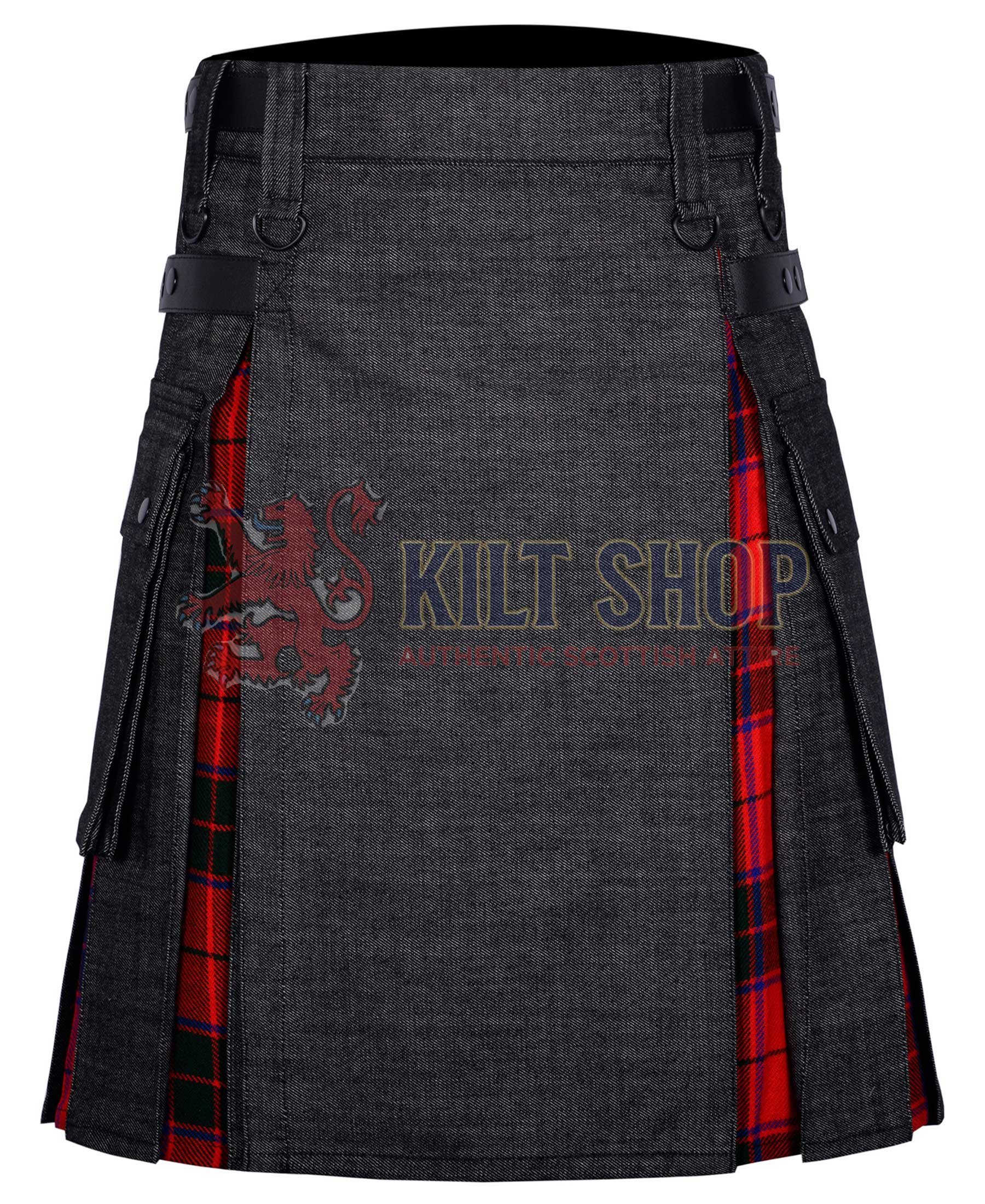 Black Denim Scottish Rose Tartan Hybrid Kilt