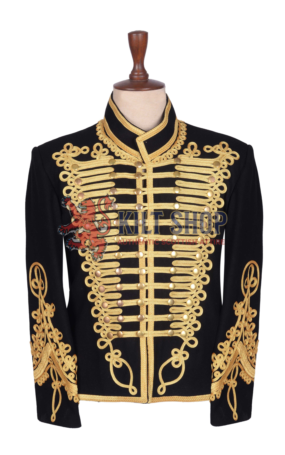 Black Wool Coyote Fur Gold Braided Military Jacket