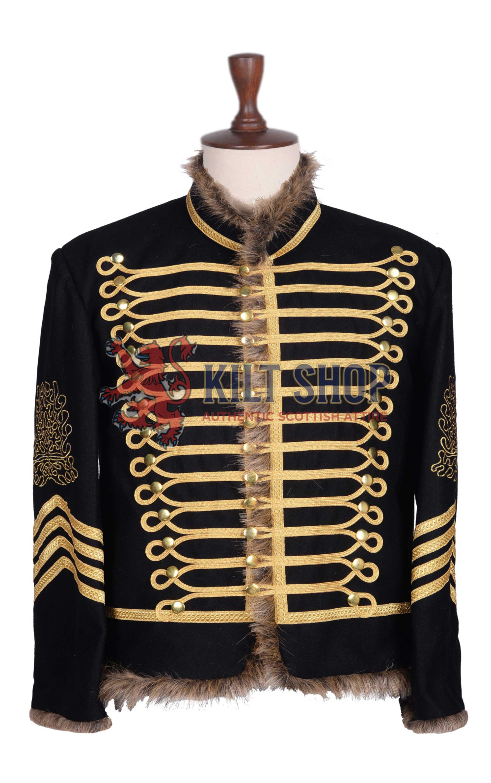 Black Wool Coyote Fur Gold Braided Military Jacket