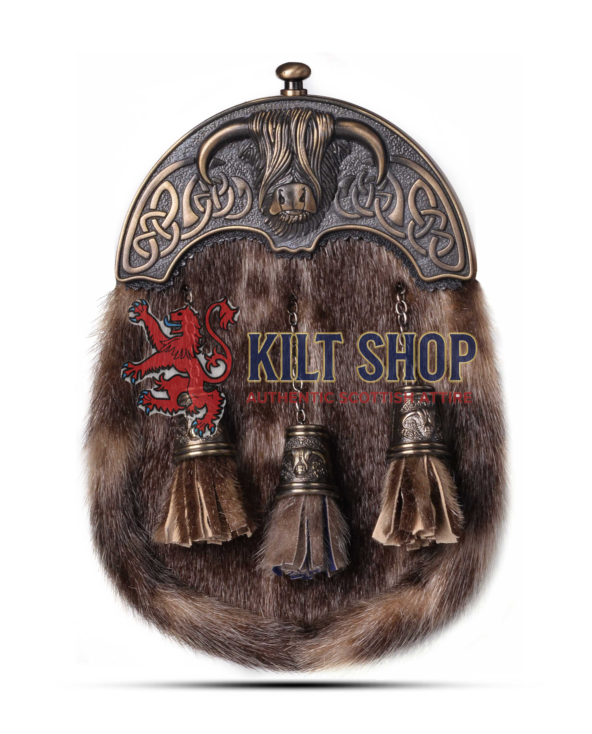 Brass Highland Cow Seal Fur Full Dress Sporran