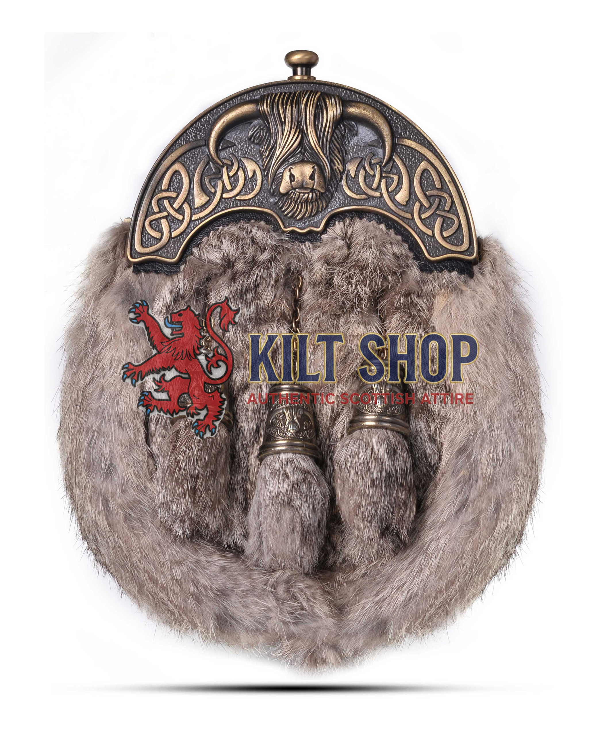 Brass Highland Cow Brown Rabbit Fur Full Dress Sporran